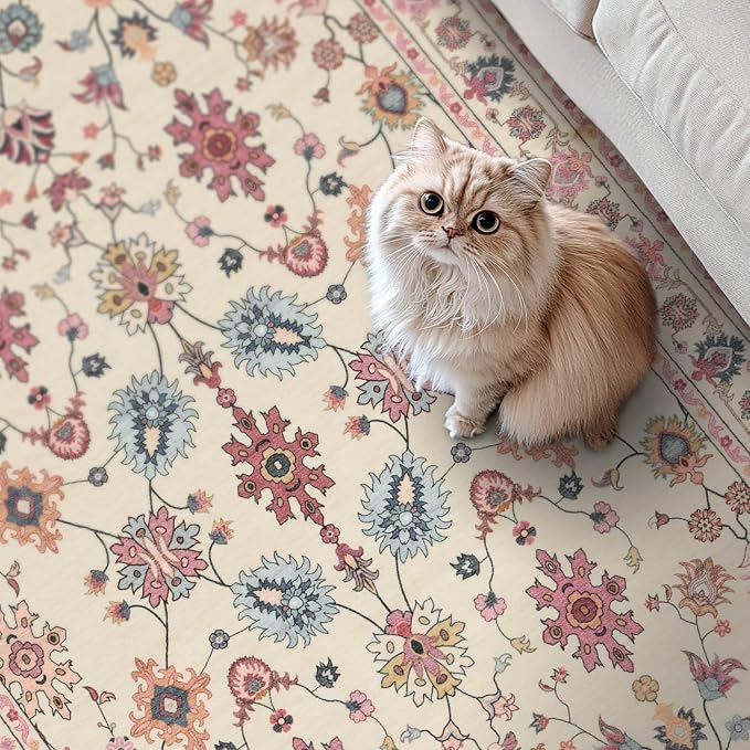 Rugxara Pink Rug for Living Room Bedroom, Floral 4x6 Washable Rug, Vintage Boho - Image 3