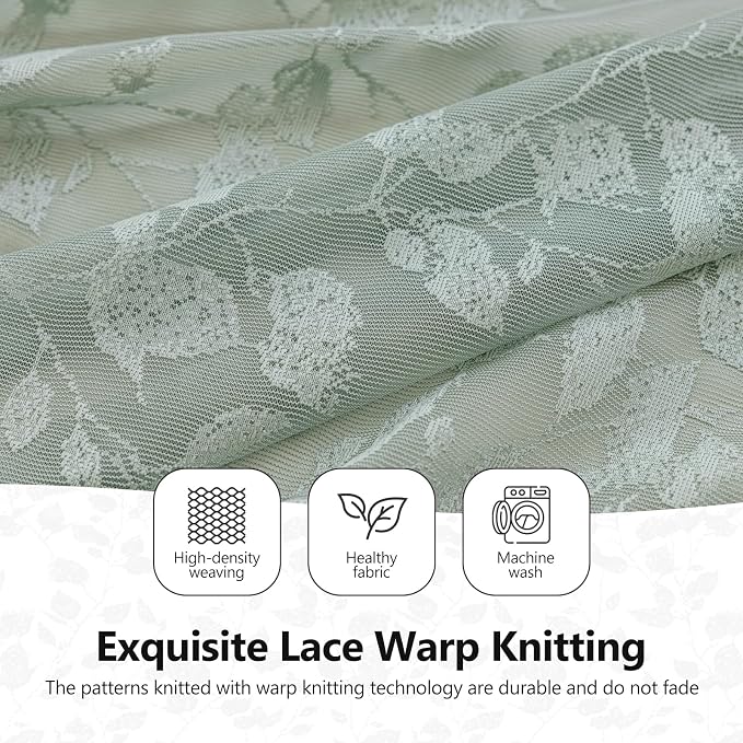 Rinwoc Sage Green Lace Semi-Sheer Valance Curtains 2 Panels – Vintage Leaf Lace - Image 8