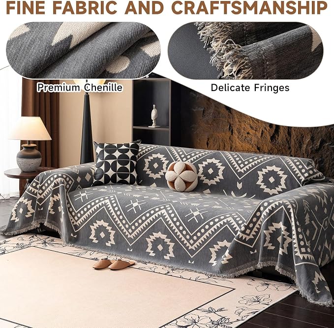 VClife Bohemian Tribal Sofa Cover Gray White Aztec Geometric Pattern Couch Cover - Image 3