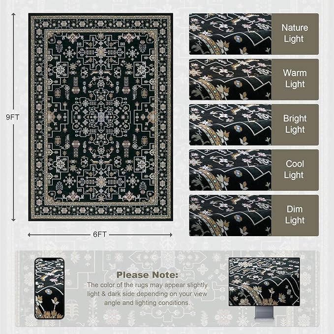 6x9 Area Rugs Living Room Rug: Washable Vintage Boho Medallion Rug No Slip - Image 2