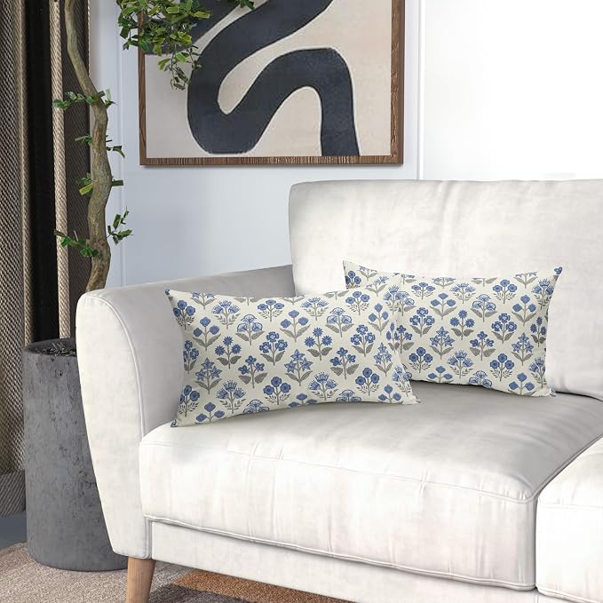 Blue Grey Gray Floral Pillow Covers 12x20 Inch Set of 2, Block Print Lumbar - Image 6