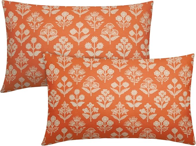 Orange Pillow Covers 12x20 Inch Set of 2, Cream Floral Block Print Pattern by Sivirary