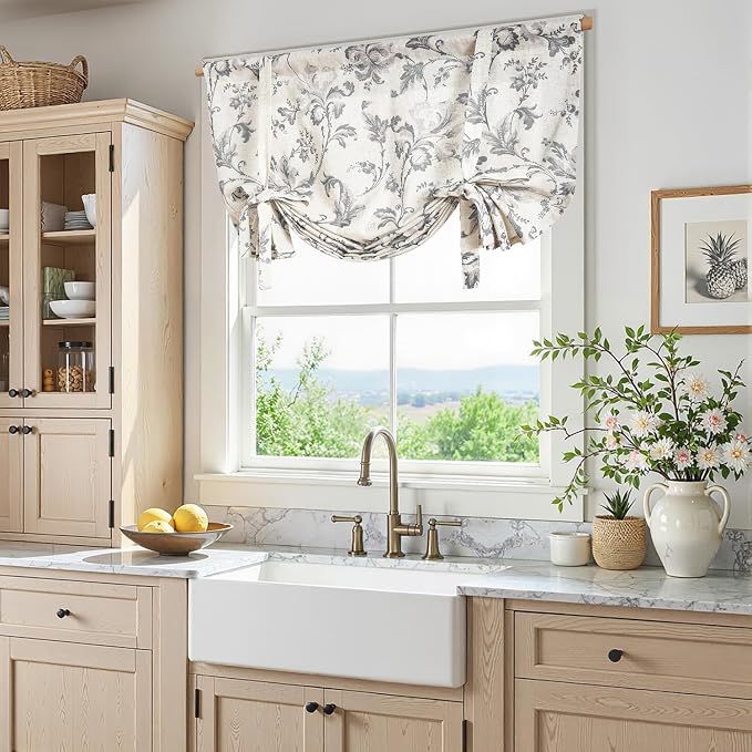 jinchan Tie Up Valance Curtain Floral Linen Gray - Image 2