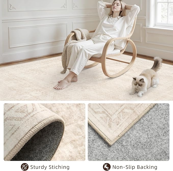 5x7 Area Rugs for Living Room: Vintage Boho Neutral Washable Rug Indoor Soft - Image 4