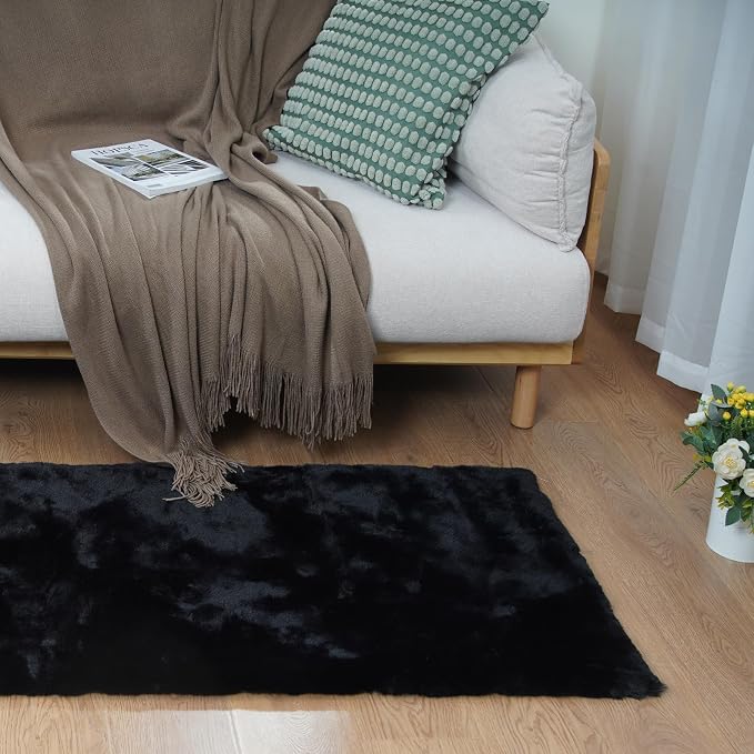 Latepis Faux Rabbit Fur 3x5 Area Rug Fluffy Black Rugs Machine Washable Shag Rug - Image 7