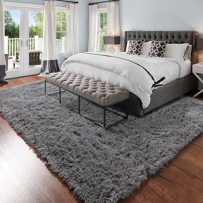 Amdrebio Grey Modern Fluffy Living Room Rugs, 5x8 Rug, Furry Area Rug - Image 6