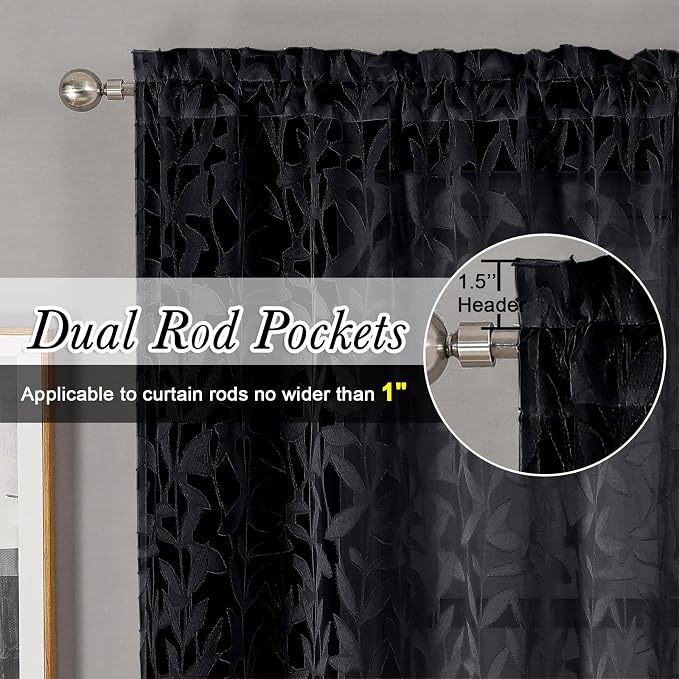 Lecloud Leia Black Sheer Curtains 90 Inches Long 2 Panels, Airy Leaf Textured - Image 4