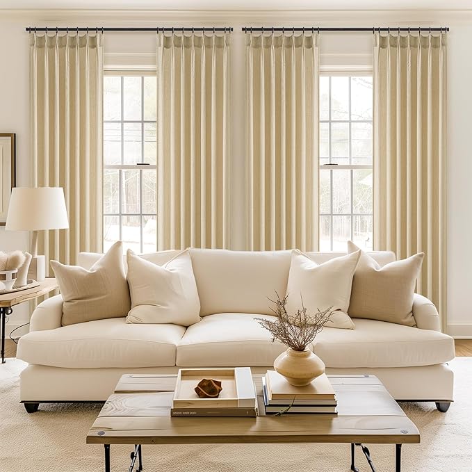 Topfinel Natural Beige Pinch Pleated Semi Sheer Curtains Textured Linen Blended - Image 5
