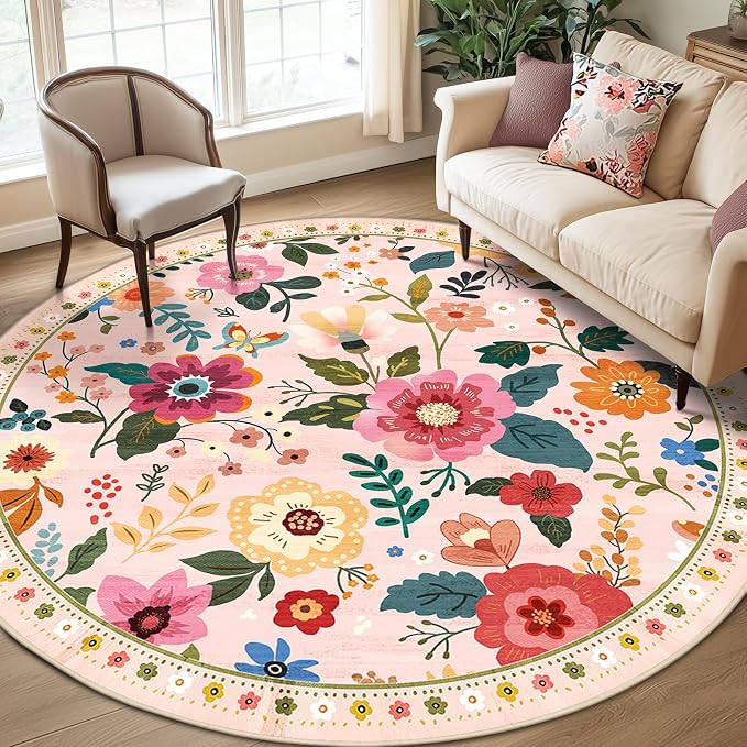 RELEANY Floral Nursery 8ft Area Rugs Washable Print Boho Cute Carpet Non Slip by RELEANY