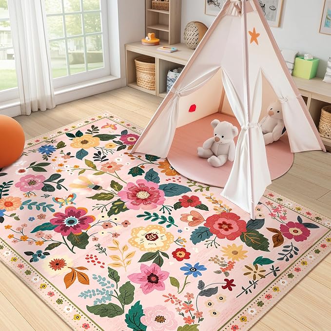 RELEANY Floral Nursery 3x5 Area Rugs Washable Print Boho Cute Carpet Non Slip - Image 3