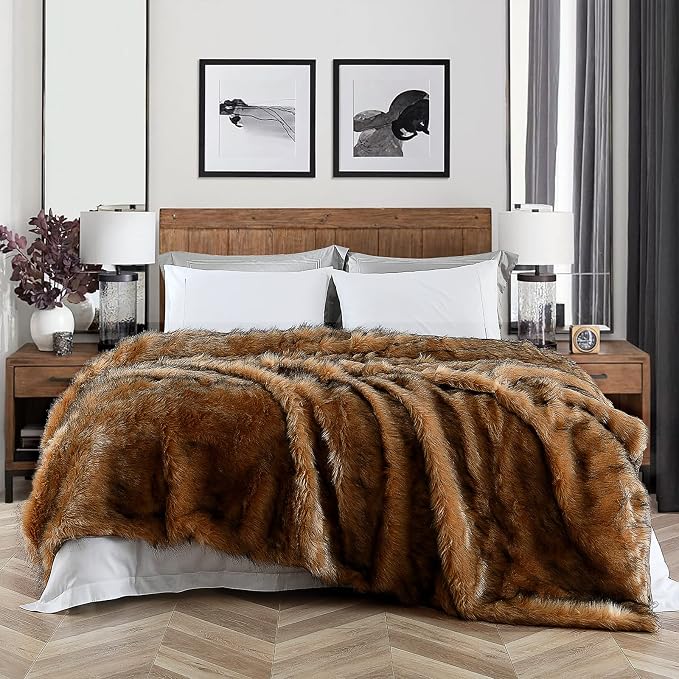 Luxury Plush Faux Fur Blanket Queen Size, Long Pile Brown - Image 2