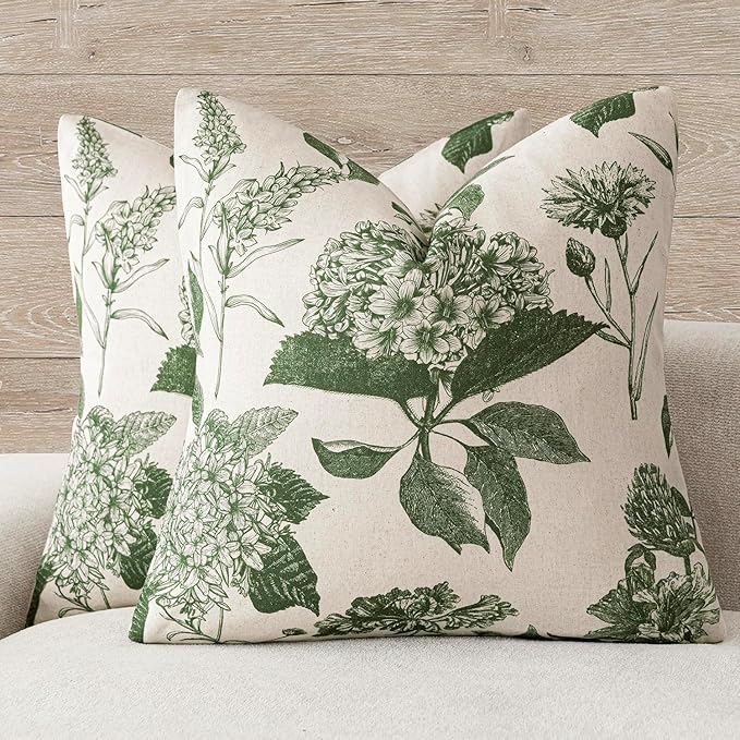 Foindtower Set of 2 Linen Floral Throw Pillow Covers Neutral Vintage Print by Foindtower