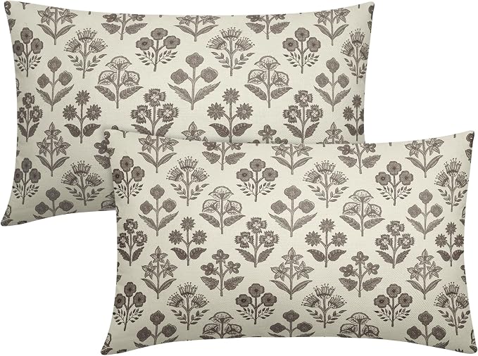 Dark Brown Floral Pillow Covers 12x20 Inch Set of 2, Block Print Lumbar Flower by Sivirary