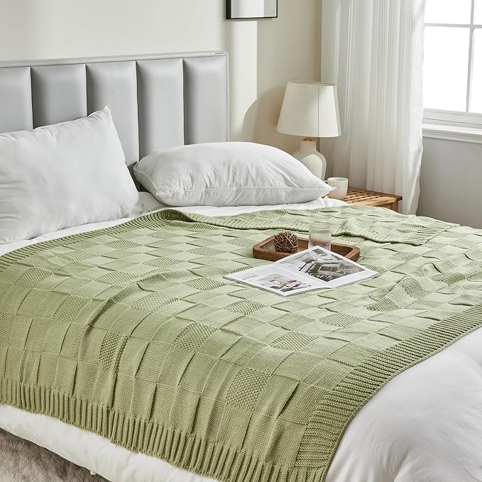 CozeCube Check Knit Throw Blanket, Sage Green Checkered Throw - Image 6