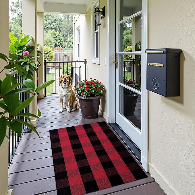 OLANLY Buffalo Plaid Rug 2'4" x 3'7" – Red and Black Cotton Checkered Doormat - Image 9