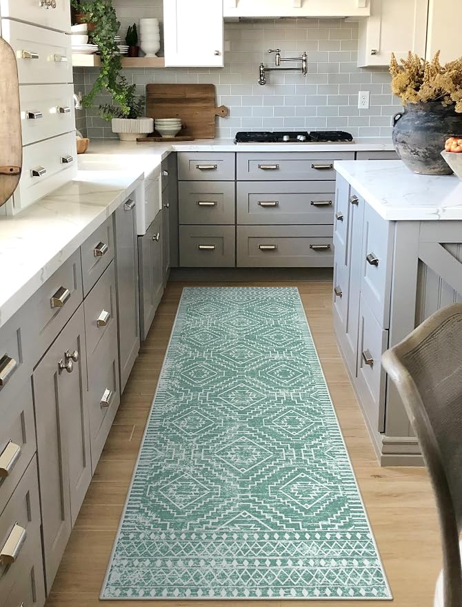 Wonnitar Moroccan 2'6"x8' Washable Kitchen and Bathroom Rug, Sage Green Boho - Image 2