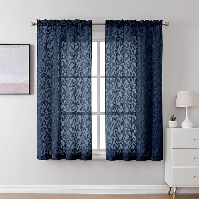 Lecloud Leia Navy Blue Sheer Curtains 45 Inch Length 2 Pcs, Dual Rod Pocket by Lecloud