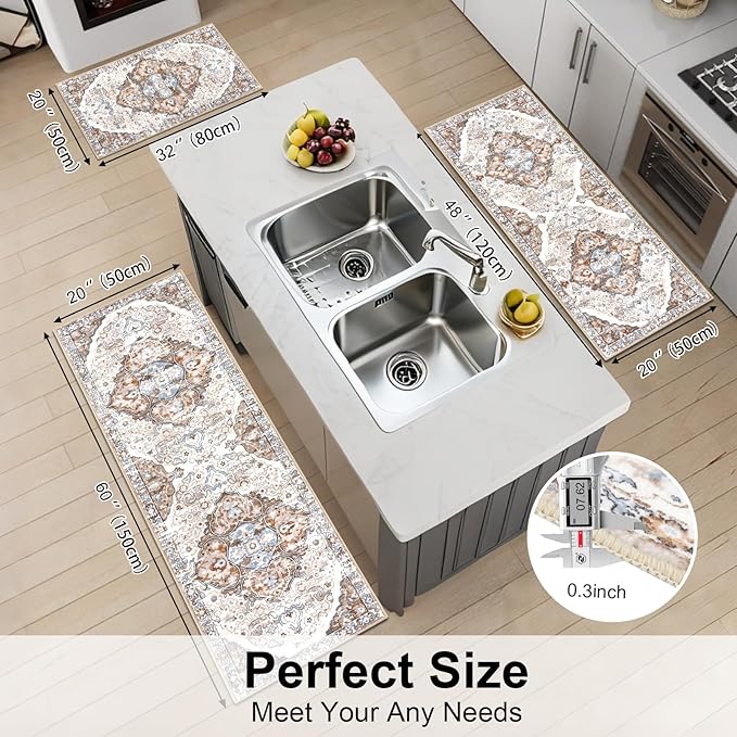 HEBE Farmhouse Kitchen Rugs Sets of 3 Non Slip Washable Boho Kitchen Rugs and - Image 2
