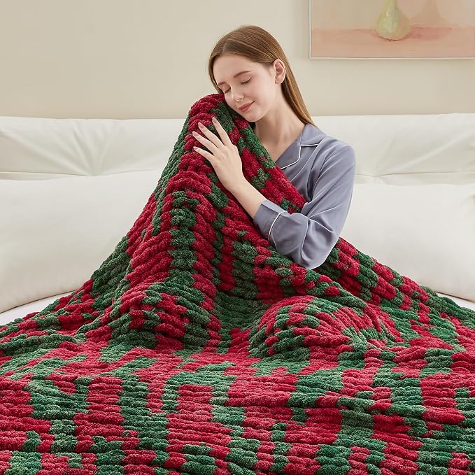 Negwoo Chunky Knit Throw Blanket, Handmade Stripe Crochet Big Thick Blanket - Image 5