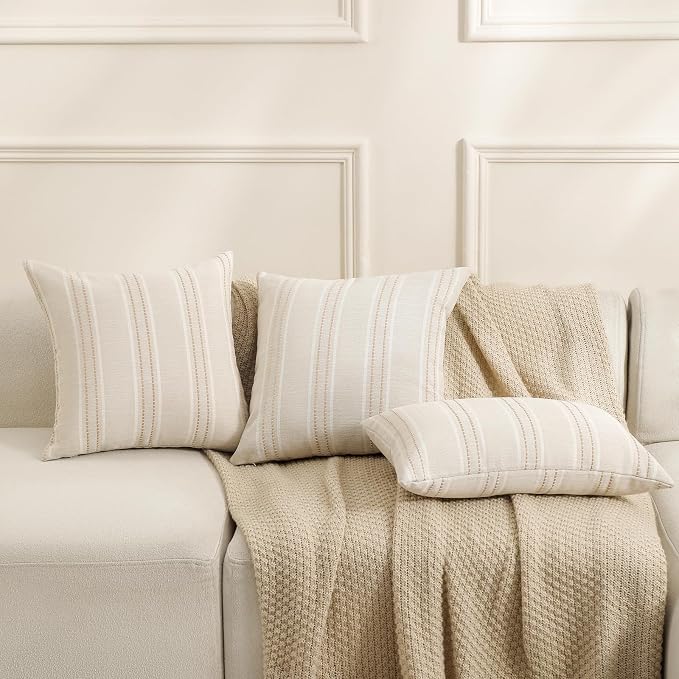 Hckot Hand Made Decorative Khaki Pillow Covers 18x18 Striped Throw Pillows - Image 4