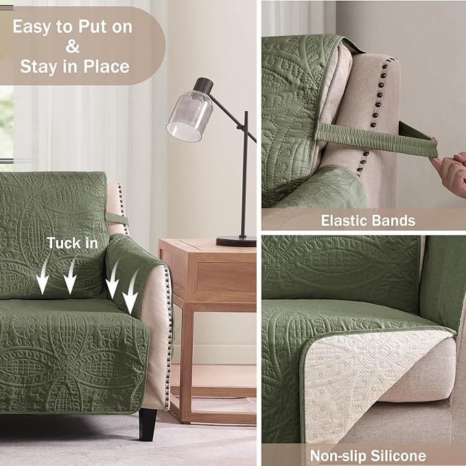 Quilted Olive Green Sofa Slipcovers - Image 5
