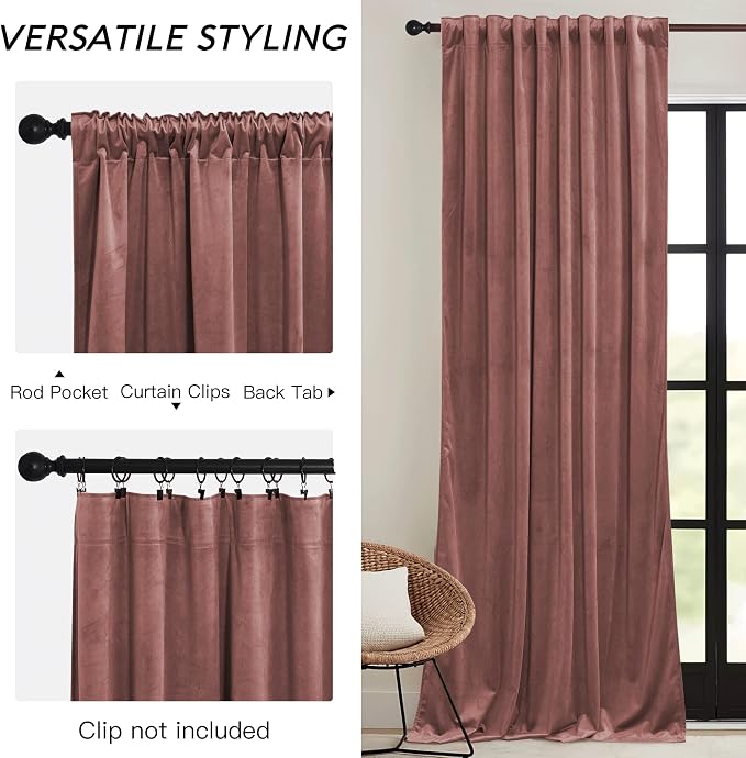 RYB HOME Dusty Pink Velvet Curtains 108 inch, Darkening Window Curtains - Image 3
