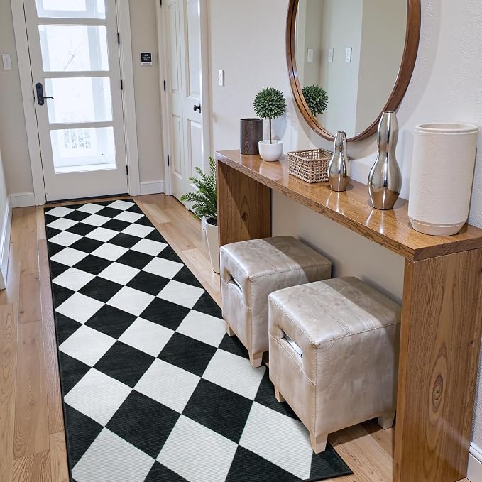 Beeiva Checkered Print Runners for Hallways 2.5x8, Ultra Thin Black Kitchen - Image 4