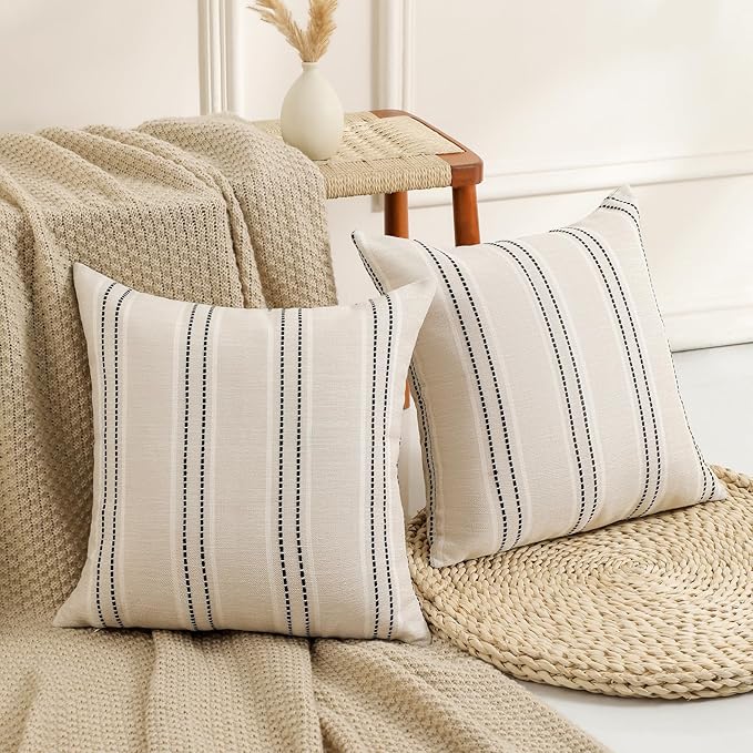 Hckot Throw Pillow Covers 20x20 Set of 2 Striped Pillow Covers Textured Linen - Image 3