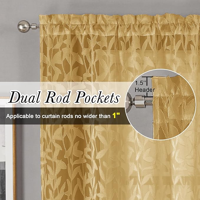 Lecloud Leia Dark Gold Sheer Curtains 96 Inches Long 2 Panels, Jacquard Leaf - Image 2