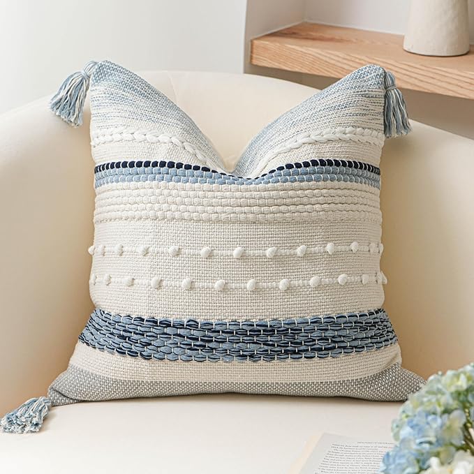 BlissBlush Coastal Blue Boho Decorative Throw Pillow Cover 18x18 Modern by BlissBlush