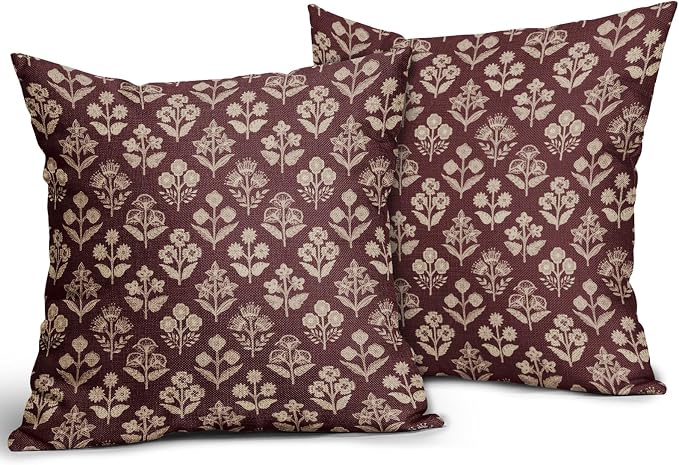 Burgundy Red Floral Pillow Covers 24x24 Inch Set of 2, Vintage Flower Block - Image 2