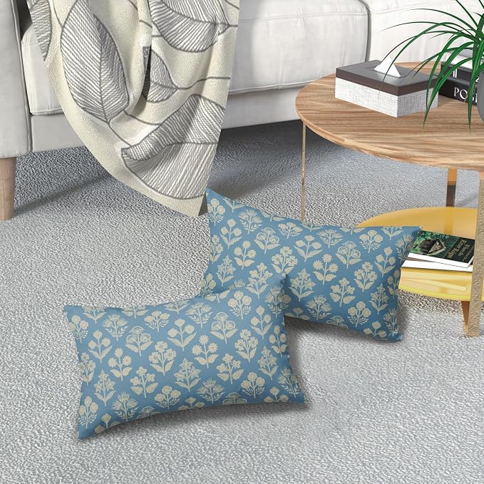 Light Blue Pillow Covers 12x20 Inch Set of 2, Cream Floral Block Print Pattern - Image 7