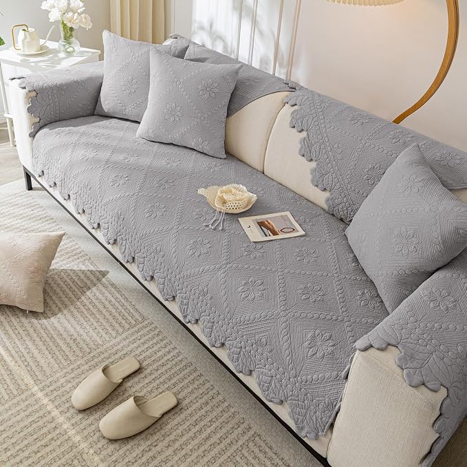 Cotton Quilted Dog Couch Cover for Sofa Farmhouse Rustic Embroidery Sectional - Image 4