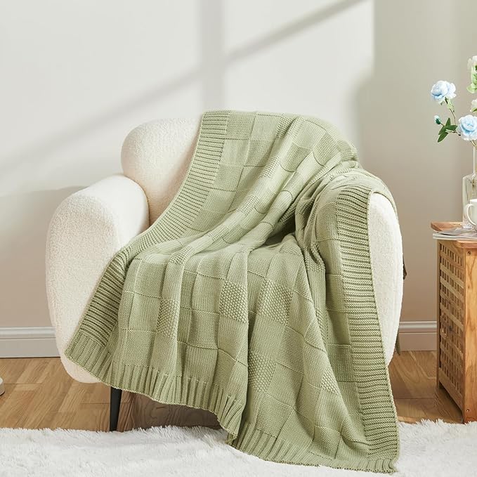 CozeCube Check Knit Throw Blanket, Sage Green Checkered Throw - Image 7