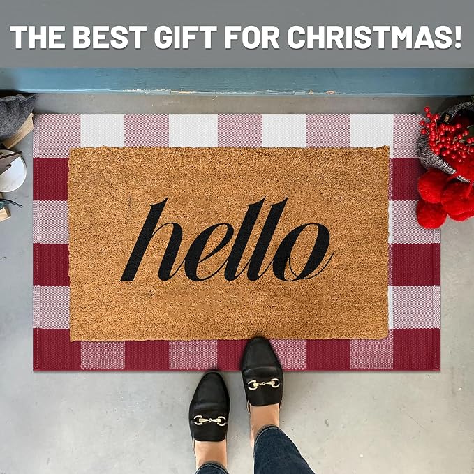 IOHOUZE Christmas Buffalo Plaid Rug 2x3 Ft Outdoor Indoor Doormat Red White - Image 2