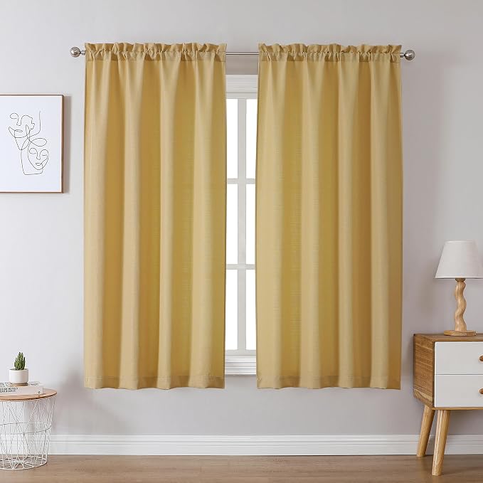 Chyhomenyc Gold Curtains 63 Inch Length 2 Panels, Faux Linen Textured Semi by Chyhomenyc