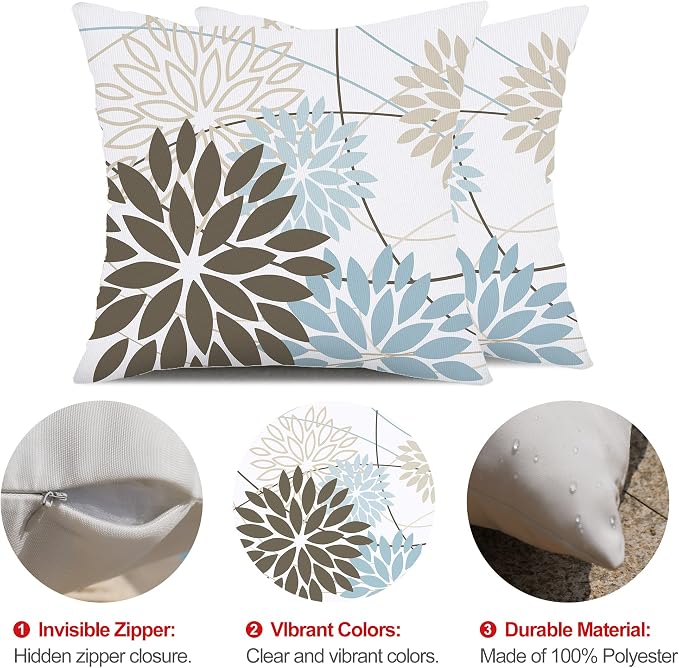 DFXSZ Brown Blue Flower Pillow Covers 18x18 Inch Set of 2 Summer Outdoor - Image 6