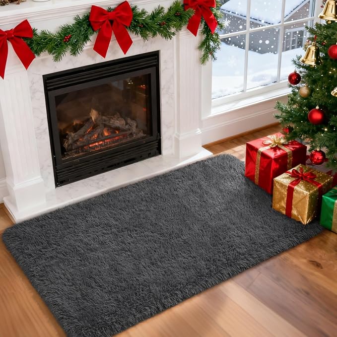 Merelax Fluffy Shaggy Small Area Rug, Dark Grey 2x3 Doormat Door Rugs by Merelax