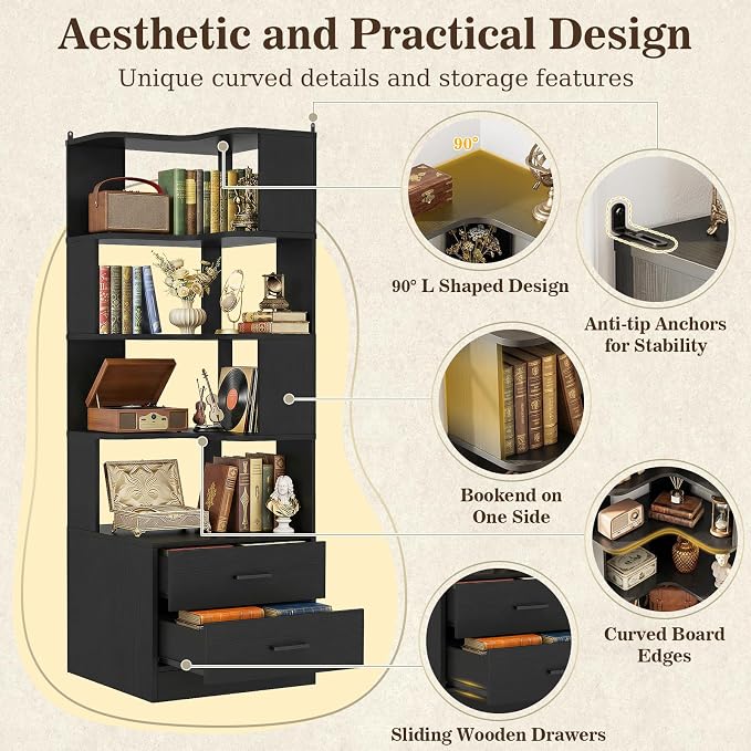 Armocity Corner Bookshelf with Drawers, 7 Tier Corner Book Shelf Display - Image 6