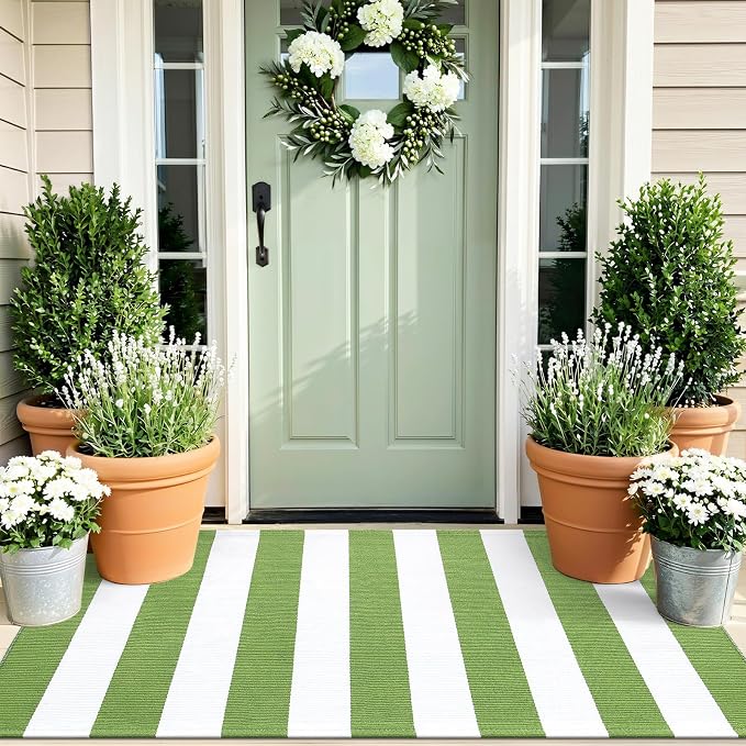 OLANLY Green and White Striped Rug 2' x 3' – Washable Cotton Indoor Outdoor - Image 6