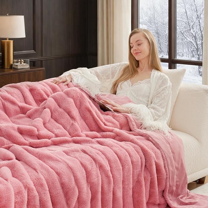 Cozy Bliss Deluxe Sheared Rabbit Faux Fur Throw Blanket, Soft Fuzzy High-Low by CozyBliss