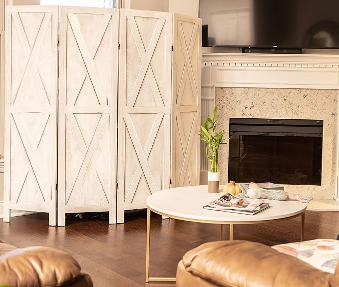 Premium Home 4-Panel Room Divider – Rustic White Barn Door, X Pattern Folding - Image 3