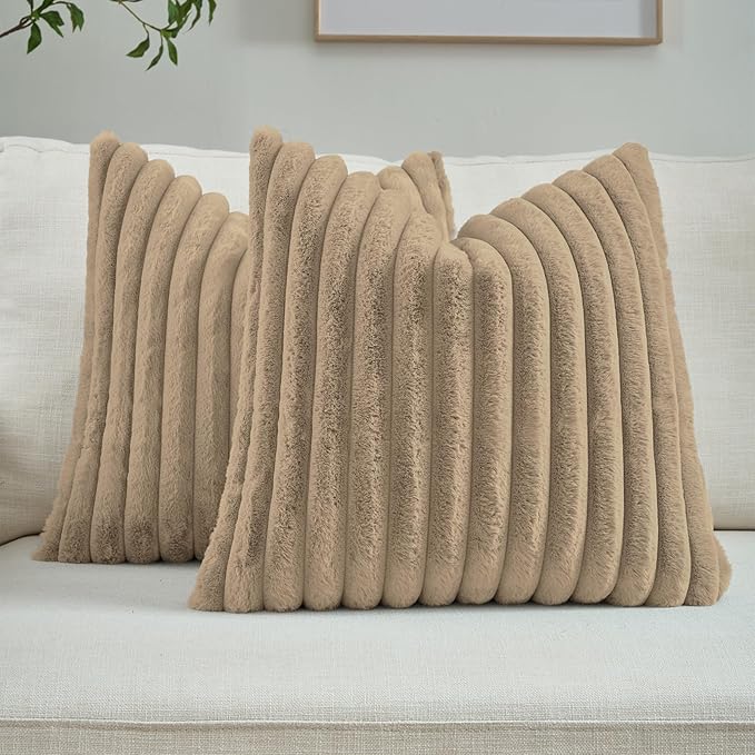 FUTEI Khaki Decorative Throw Pillow Covers Set of 2, 18x18 Inch Soft Fluffy by FUTEI