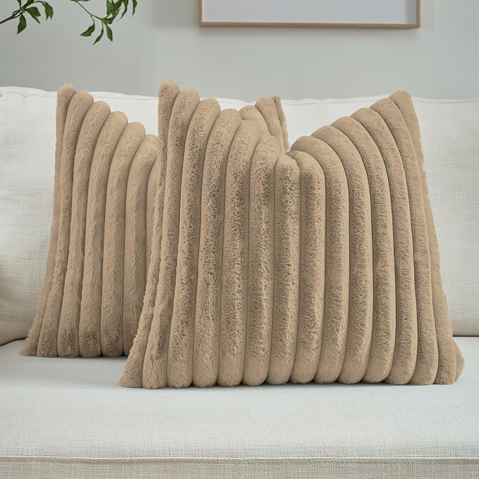 FUTEI Khaki Decorative Throw Pillow Covers Set of 2, 20x20 Inch Soft Fluffy by FUTEI