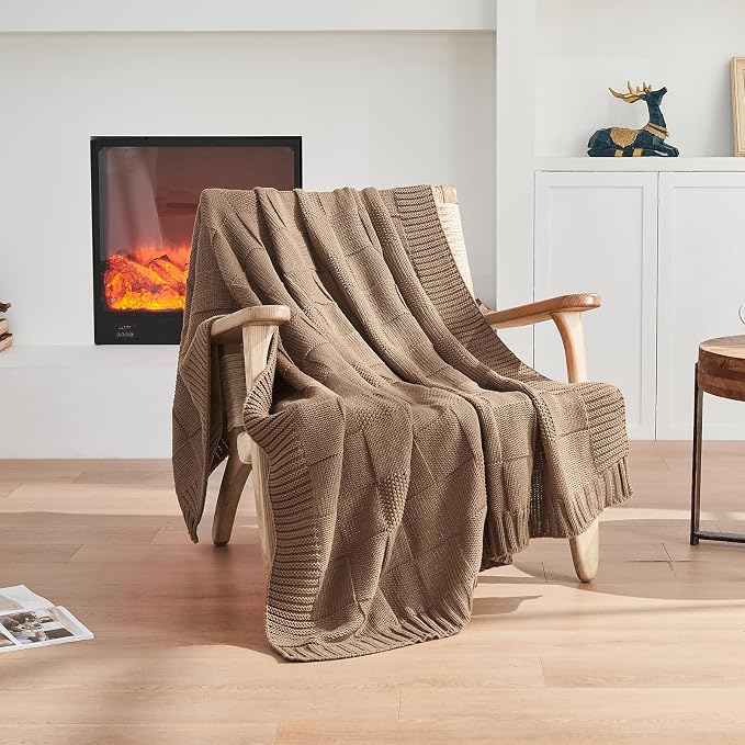 CozeCube Check Knit Throw Blanket, Light Brown Checkered Throw - Image 8