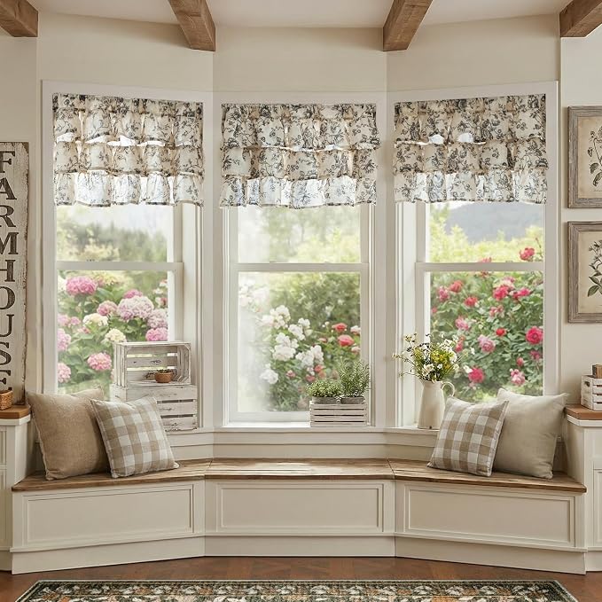 jinchan Amlie Ruffled Floral Valance Curtain Shabby Chic Linen Kitchen Valance - Image 4