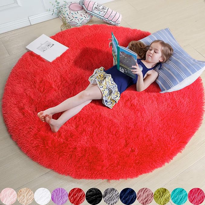 Red Round Rug 4Ft for Bedroom, Fluffy Shag Circle Area Rugs for Kids Room Decor by Amdrebio