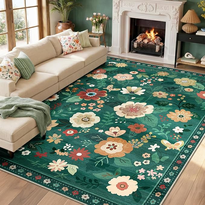 RELEANY Floral Nursery 8x10 Area Rugs Washable Print Boho Cute Carpet Non Slip by RELEANY
