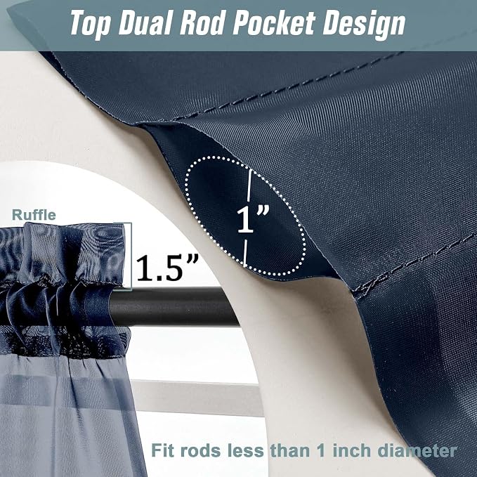 Navy Blue Sheer Curtains 63 Inch Length 2 Panels, Voile Sheer Curtain - Image 3