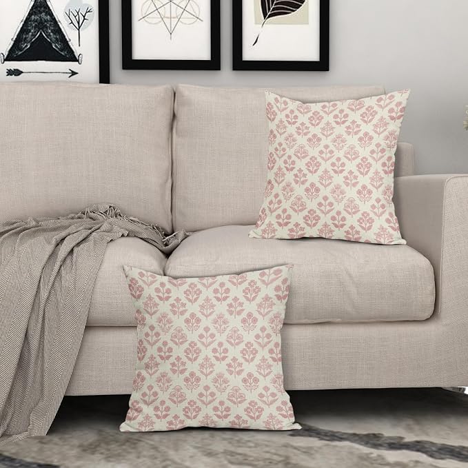 Pink Floral Pillow Covers 24x24 Inch Set of 2, Vintage Flower Block Print - Image 3